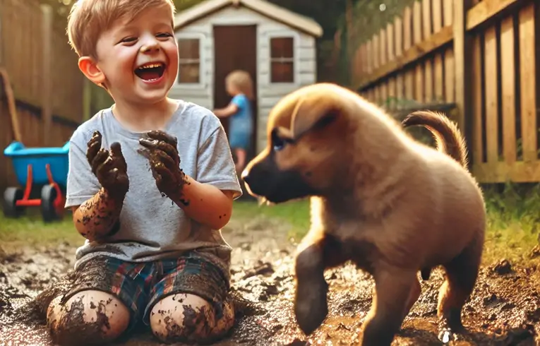 young child and his puppy playing in the mud