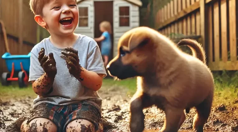 young child and his puppy playing in the mud